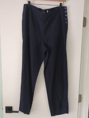 Talbots Navy Button-Side HighWaist Linen Ankle  Pants Minimalist  Beach 14 P